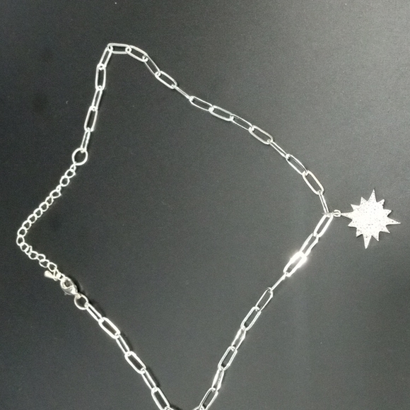 SILVER PAPERCLIP CHAIN NECKLACE WITH 12 PT PAVE CZ CRYSTAL STAR CHARM. - Picture 7 of 8